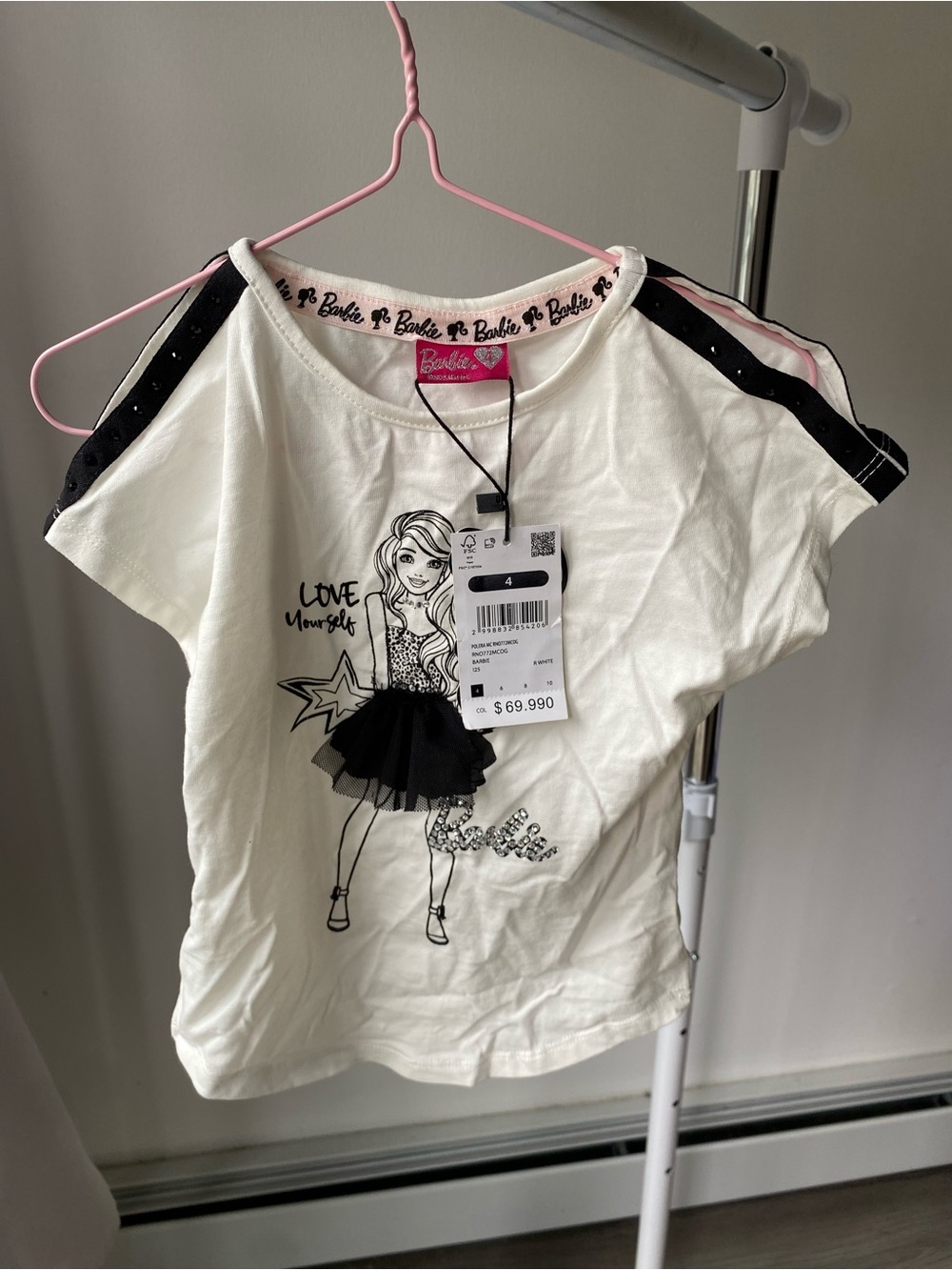 Barbie White Tee with Black Sleeve Stripes and Tutu Graphic